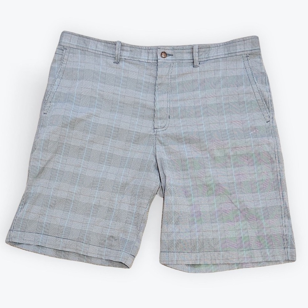 Tommy Bahama Men Blue Plaid Flat Front Shorts Size 36 Nylon Blend Stretch Casual